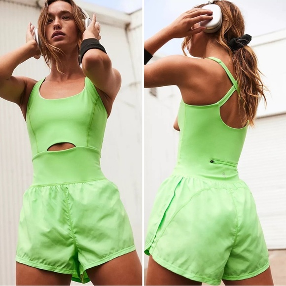 FP Movement Righteous Runsie Sz L Neon Lime Green Cutout Athletic Romper - Picture 1 of 11
